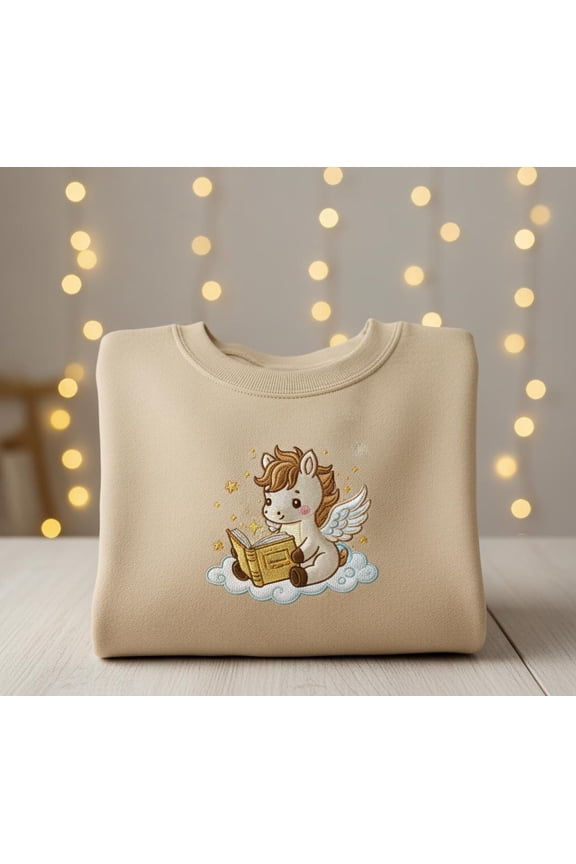 Pegasus Reading Embroidered Sweatshirt, Whimsical Fantasy Book Lover Shirt, Cozy Magical Cloud Sweater
