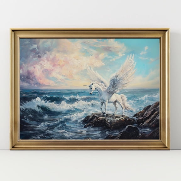 Pegasus Unicorn Ocean Wall Art Fantasy Winged Horse Seascape Coastal Decor, UNFRAMED Size 30x30