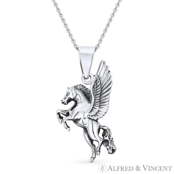 Pegasus Winged Horse Animal Charm Pendant & Cable Chain Necklace in .925 Sterling Silver