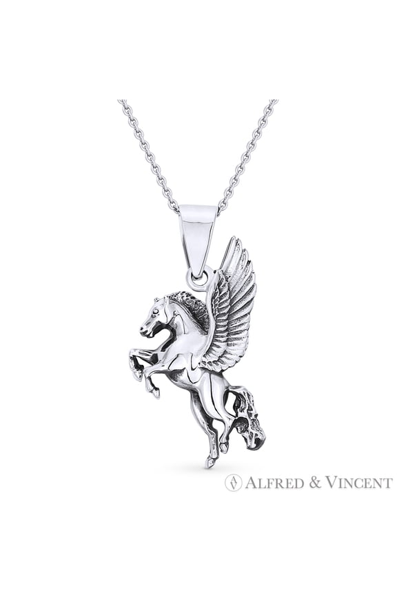 Pegasus Winged Horse Animal Charm Pendant & Cable Chain Necklace in .925 Sterling Silver