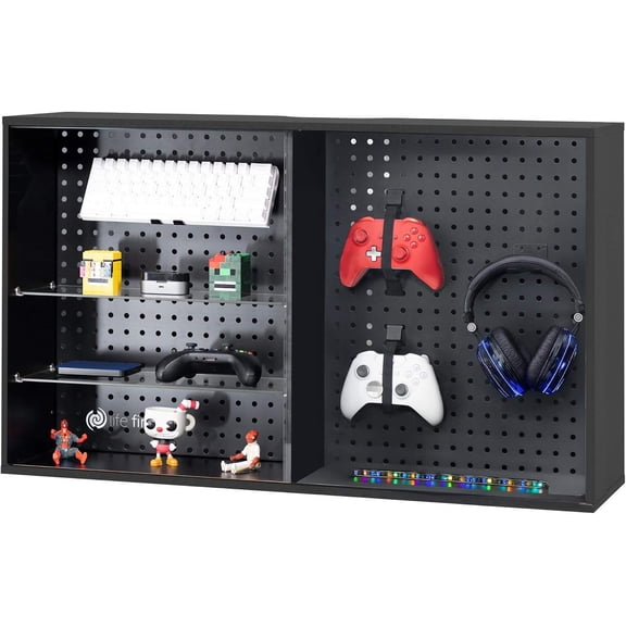 Pegboard Cabinet with Glass Door, Wall Mounted or Freestanding Storage Display Case, Black