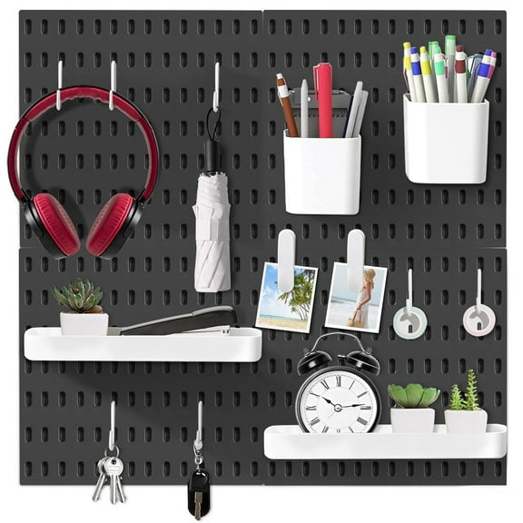 Pegboard Combination Kit with 4 Pegboards and Accessories Modular Hanging for Wall Organizer, 22" x 22", Black