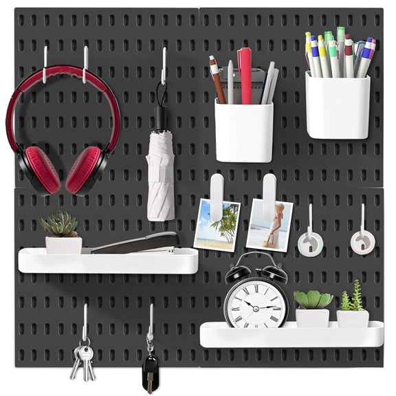 Pegboard Combination Kit with 4 Pegboards and Accessories Modular Hanging for Wall Organizer, 22" x 22", Black