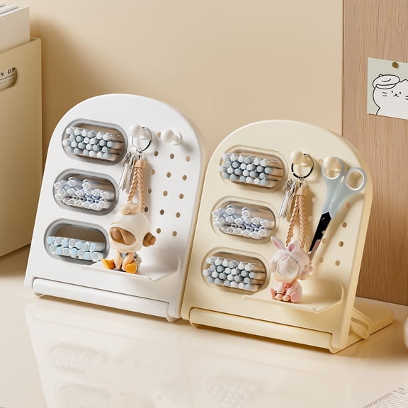 Pegboard Desk Organizer Slant Pen Holder Caddy, Large Capacity Foldable Plastic Desktop Storage Box, Pegboard Compatible, 7.64 x 5.83 x 8.46 in, White
