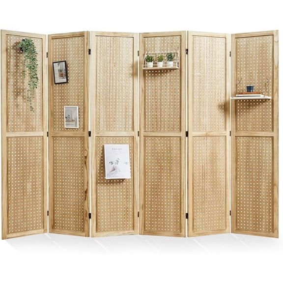 Pegboard Display, 5.6Ft Portable Freestanding Wall Organizer Wooden Room Divider Folding Privacy Screens for Craft Art Display Board (6 Panels, Natural)