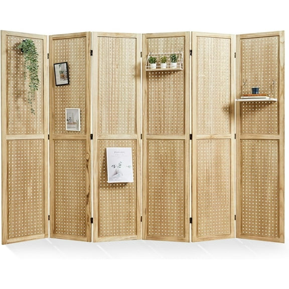 Pegboard Display, 5.6Ft Portable Freestanding Wall Organizer Wooden Room Divider Folding Privacy Screens for Craft Art Display Board (6panels, Natural)