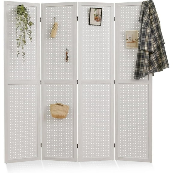 Pegboard Display, 5.6Ft Wooden Room Divider Folding Privacy Screens Portable Freestanding Wall Organizer for Retail Craft Art Display Board (4panels, White)