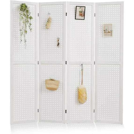 Pegboard Display, 5.6Ft Wooden Room Divider Folding Privacy Screens Portable Freestanding Wall Organizer for Retail Craft Art Display Board (4panels, White)