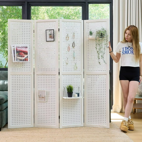 Pegboard Display, 5.6Ft Wooden Room Divider Folding Privacy Screens Portable Freestanding Wall Organizer for Retail Craft Art Display Board (4panels, White)