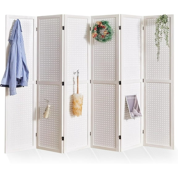 Pegboard Display, 5.6Ft Wooden Room Divider Folding Privacy Screens Portable Freestanding Wall Organizer for Retail Craft Art Display Board (6panels, White)