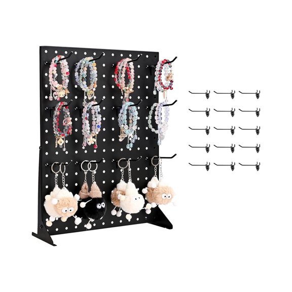 Pegboard Display Stand, 17 x 13 Inch Tabletop Pegboard Display Stand with 15 Hooks, Thickened Cold-Rolled Steel Peg Board Panel for Grocery, Retail Store and Jewelry Shop, Black (1 PCS)