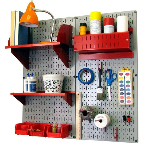 Pegboard Hobby Craft Organizer Storage Kit, Gray & Red - 32 x 32 x 9 in.