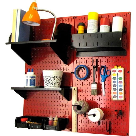 Pegboard Hobby Craft Organizer Storage Kit, Red & Black - 32 x 32 x 9 in.