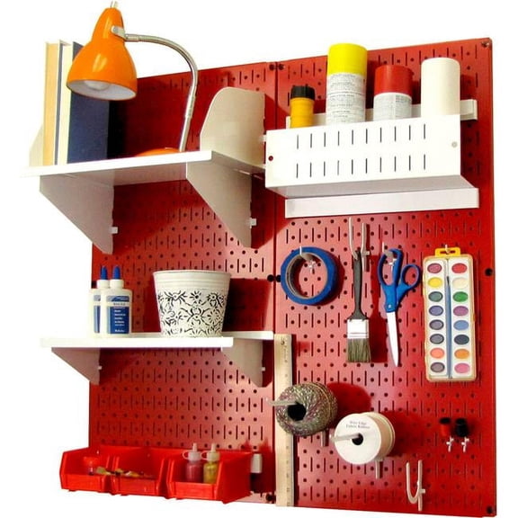Pegboard Hobby Craft Organizer Storage Kit, Red & White - 32 x 32 x 9 in.