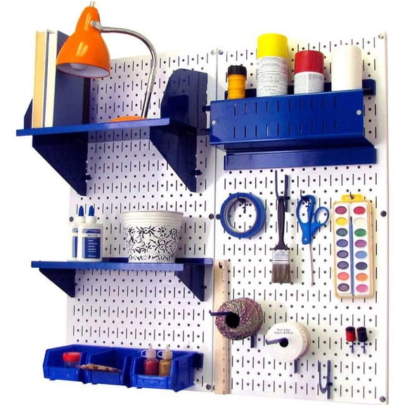 Pegboard Hobby Craft Organizer Storage Kit, White & Blue - 32 x 32 x 9 in.