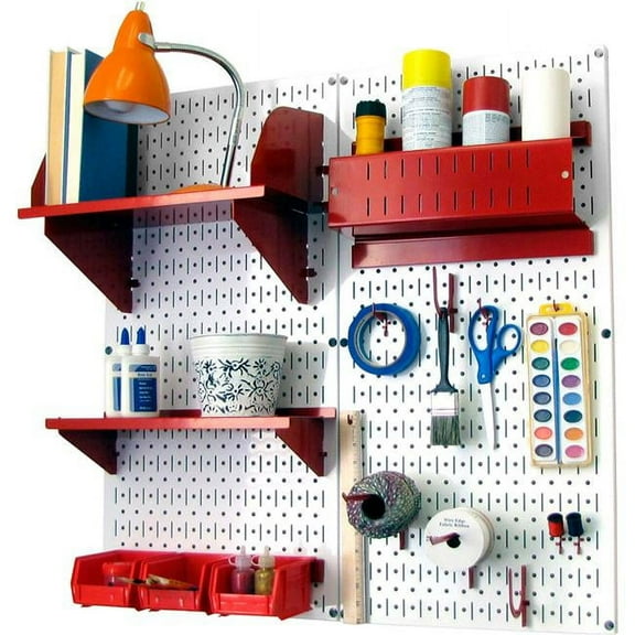 Pegboard Hobby Craft Organizer Storage Kit, White & Red - 32 x 32 x 9 in.