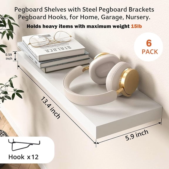 Pegboard Shelf Set - 6 Heavy Duty Peg Board Shelves & Steel , Organizer for Storage, Garage, Workbench, Craft, Office