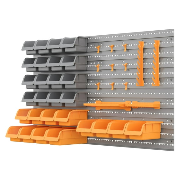 Pegboard Tool Organizer Kit 44 Piece - Wall Mounted Garage Storage System with Bins - Workshop & Shed Organizer - Orange Orange + Plastic