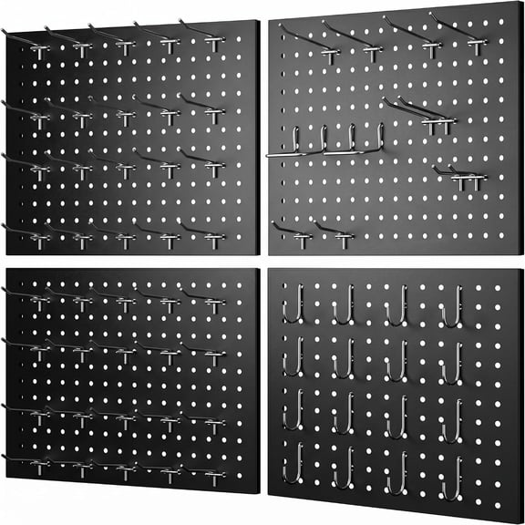 Pegboard Wall Organizer, 4 Pack Metal Pegboard Panels with 70 Hooks, 32" x 24" or 64" x 12" Black Peg Board for Walls, Garage, Craft Room, Cold-Rolled Steel
