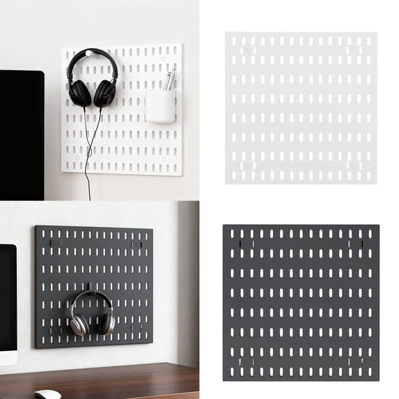 Pegboard Wall Organizer Panel 12x12 in, Plastic Storage Rack with Mounting Hardware for Headphones, Stationery and Small Tools, Black or White