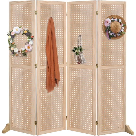 4 Panel Pegboard Freestanding, 5 FT Portable Display Board Organizer for Craft Show Jewelry, Wooden Folding Privacy Screen Room Divider (with Base, Natural)