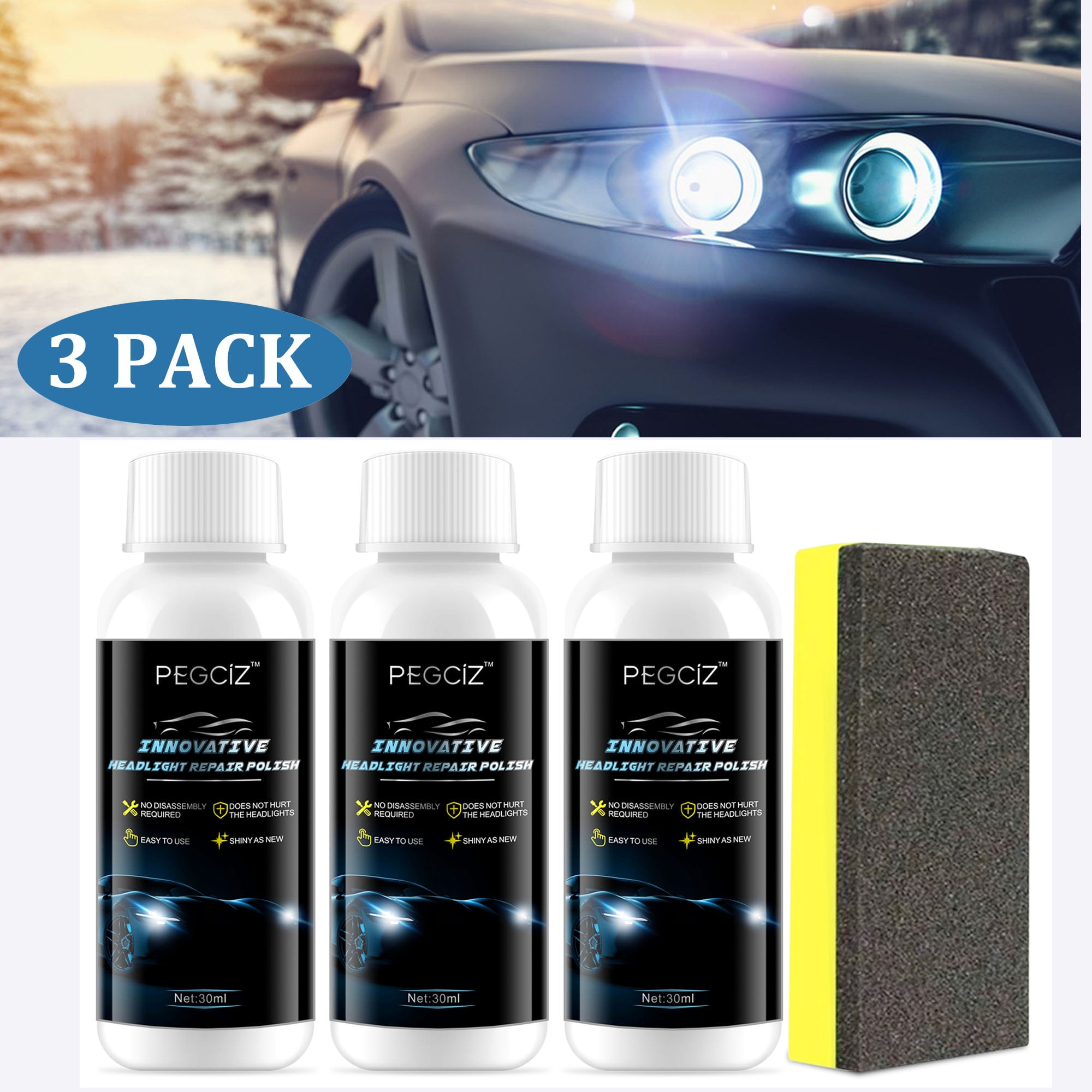 Pegciz Innovative Headlight Repair Polish 3Pack, Repair Yellow/Blurred