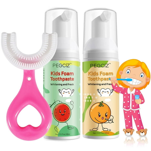 Pegciz Kids Foam Toothpaste (Watermelon+Orange), Children Mouthwash with U Shaped Toothbrush, Low Fluoride for Dental Care