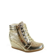 Peggy-44 Women's Glitter Metallic Lace Up Low Top Low Wedge Fashion Sneaker Shoes (Gold, 10)