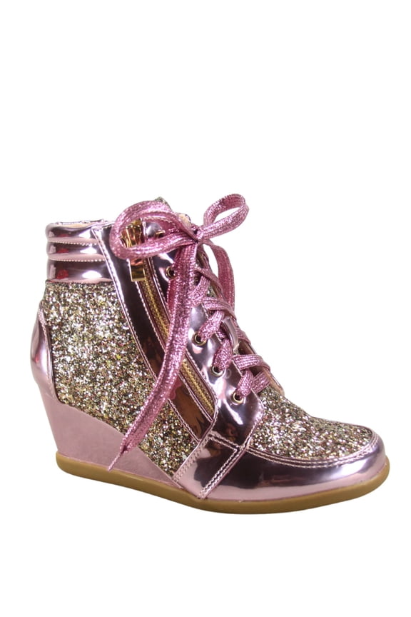 Peggy-44 Women's Glitter Metallic Lace Up Low Top Low Wedge Fashion Sneaker Shoes ( Pink, 6)