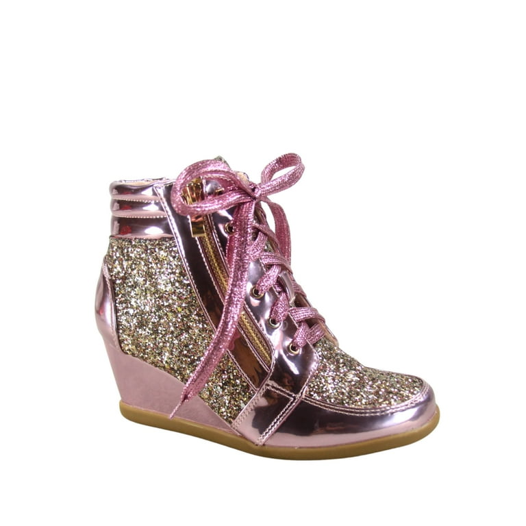 Peggy-44 Women's Glitter Metallic Lace Up Low Top Low Wedge