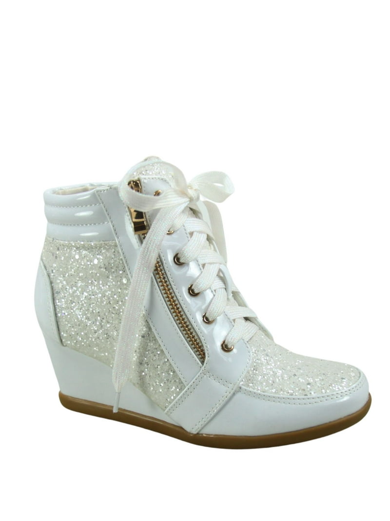 Peggy-44 Women's Glitter Metallic Lace Up Low Top Low Wedge