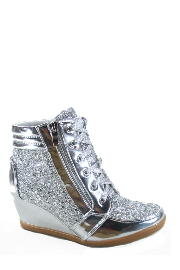 Peggy-44 Women's Glitter Metallic Lace Up Low Top Low Wedge Fashion Sneaker Shoes