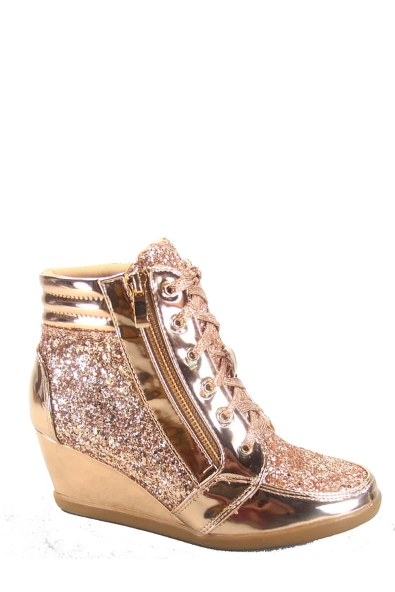 Peggy-44 Women's Glitter Metallic Lace Up Low Top Low Wedge Fashion Sneaker Shoes