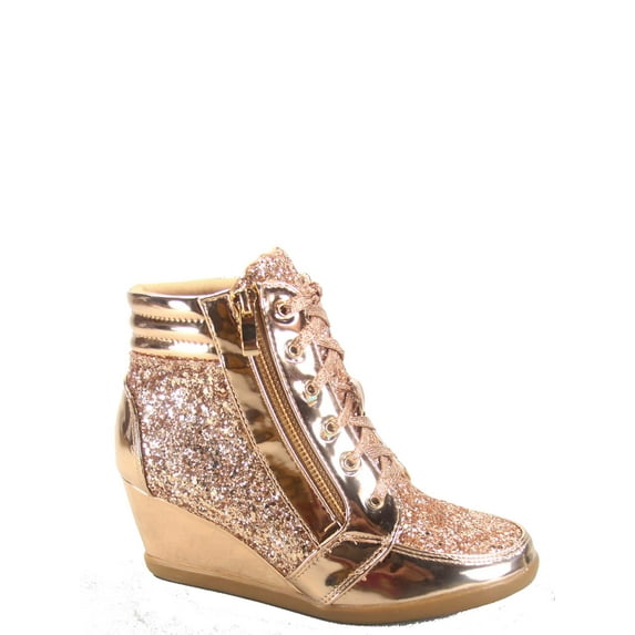 Peggy-44 Women's Glitter Metallic Lace Up Low Top Low Wedge Fashion Sneaker Shoes