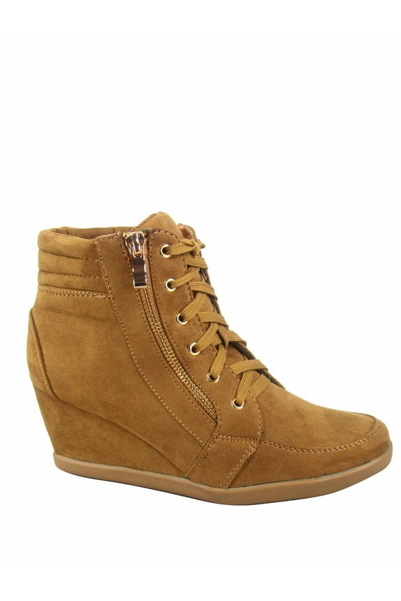 Peggy-53 Women's High Top Fashion Round Toe Lace Up Wedge Sneaker Shoes ( Tan, 6.5 )