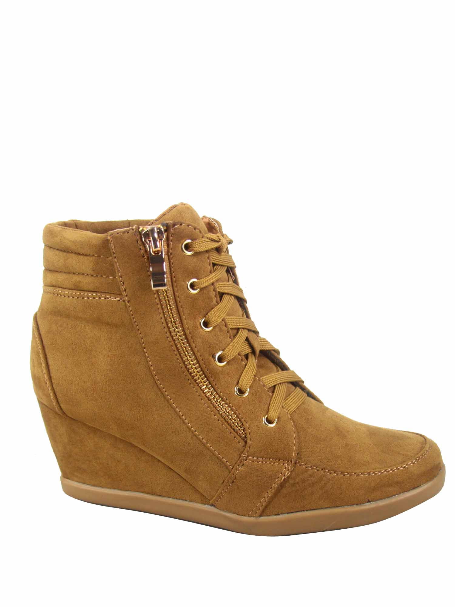 Peggy 53 Women s High Top Fashion Round Toe Lace Up Wedge Sneaker Shoes Tan 8
