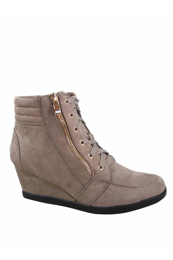 Peggy-53 Women's High Top Fashion Round Toe Lace Up Wedge Sneaker Shoes ( Taupe, 6 )