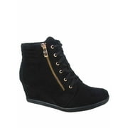 Peggy-56 Womens High Top Fashion Round Toe Lace Up Wedge Sneaker Shoes  Black, 9