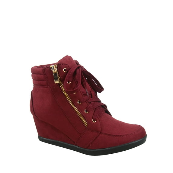 Peggy-56 Women's High Top Fashion Round Toe Lace Up Wedge Sneaker Shoes (Burgundy, 8.5)