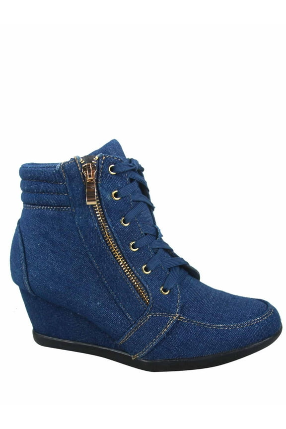 Peggy-56 Women's High Top Fashion Round Toe Lace Up Wedge Sneaker Shoes ( Denim Blue, 10 )