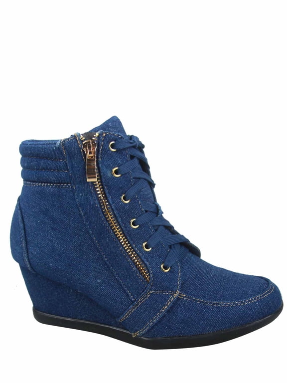 Peggy-56 Women's High Top Fashion Round Toe Lace Up Wedge Sneaker Shoes ( Denim Blue, 10 )