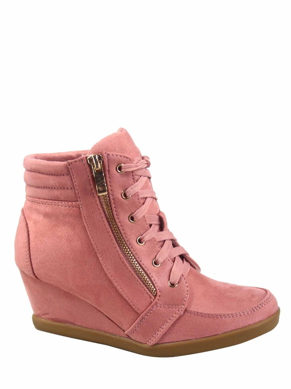 Peggy-56 Women's High Top Fashion Round Toe Lace Up Wedge Sneaker Shoes ( Dusty Pink, 10 )