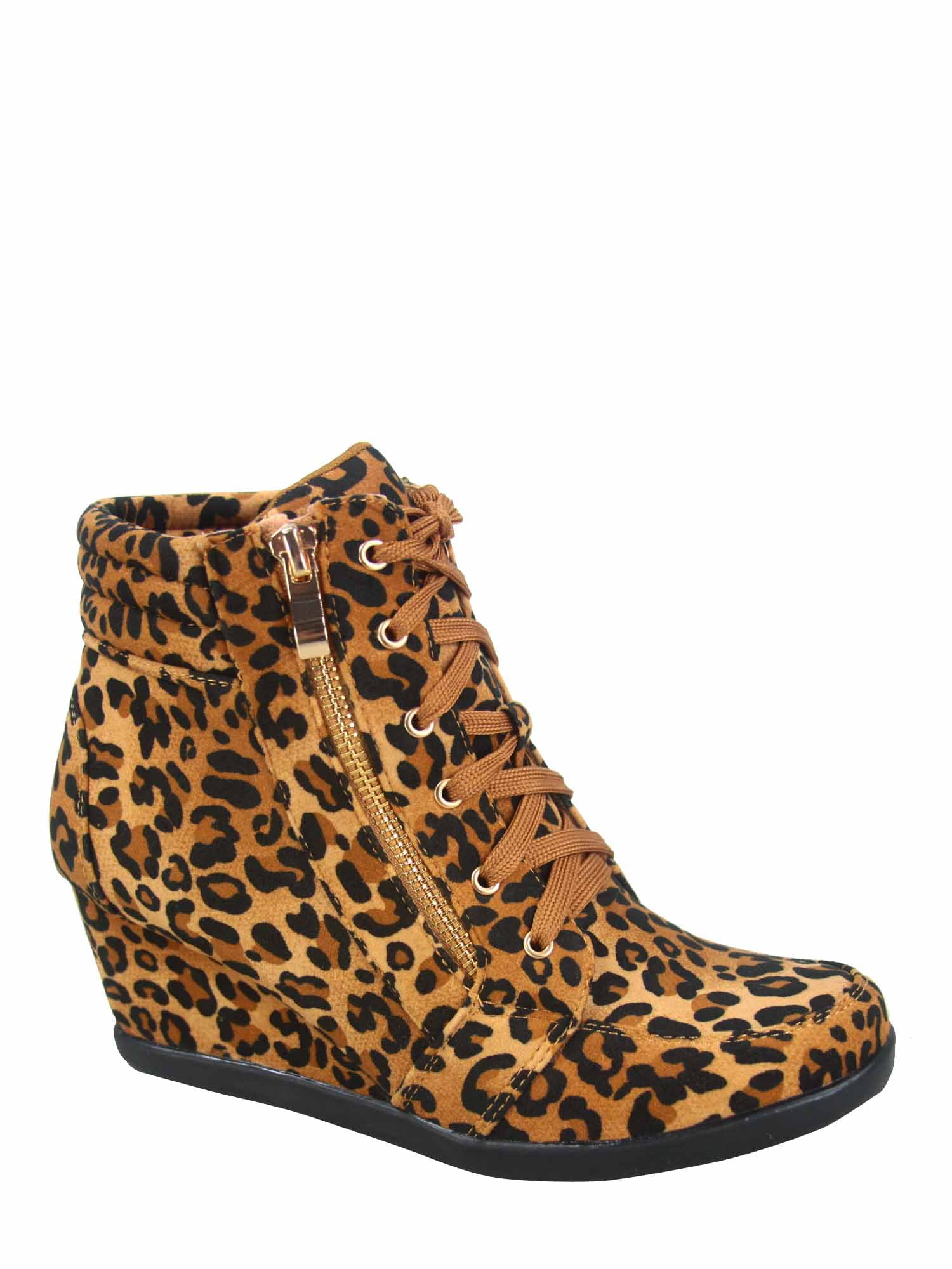 Lady Couture Leopard Print Wedge Sneaker – Ultra Chic Lace-Up Fashion Sneaker With Side Zipper - View #3