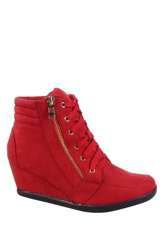 Peggy-56 Women's High Top Fashion Round Toe Lace Up Wedge Sneaker Shoes ( Red, 6 )