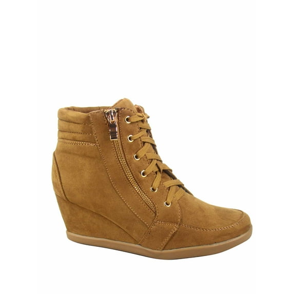 Peggy-56 Women's High Top Fashion Round Toe Lace Up Wedge Sneaker Shoes ( Tan, 7)