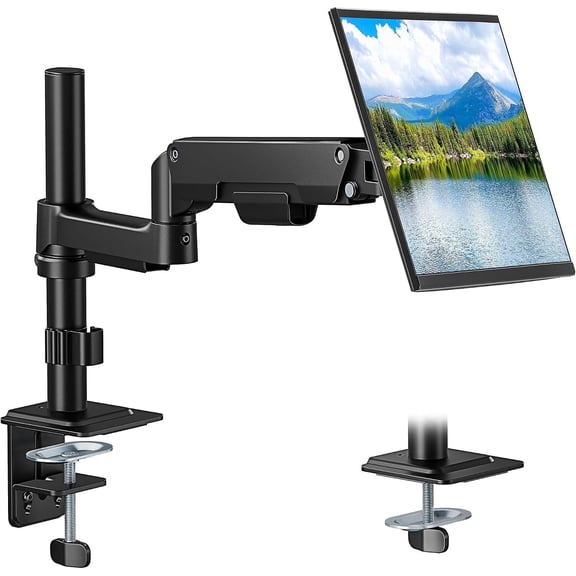 Pegzone Single Monitor Arm for 17–32 Inch Monitors, Gas Spring Full Motion Monitor Mount for Desk, Holds up to 19.8 lbs, C-Clamp & Grommet Base