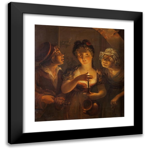 Pehr Berggren 20x21 Black Modern Framed Museum Art Print Titled - Girl Holding a Candle Standing Between a Fiddler and an Old Woman (1830)