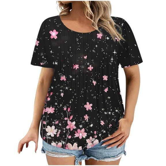 PeiLuo Women's Plus Size Summer Tops - Dressy Casual Pleated Blouses, Short Sleeve Round Neck, Loose Fit Flare Tunics