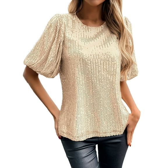 PeiLuo Women's Short Sleeve Sequin Round-Neck Party Tops - Shimmering, Embellished Puff Tunic Blouses with Sparkle and Glitter