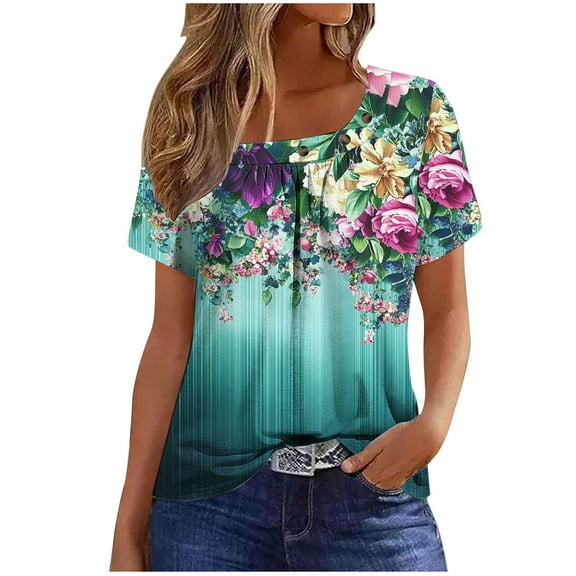 PeiLuo Women's Summer Tops: Dressy Casual Short Sleeve Button V Neck T-Shirts, Trendy Cute Tees with Floral Boho Tunic Blouses